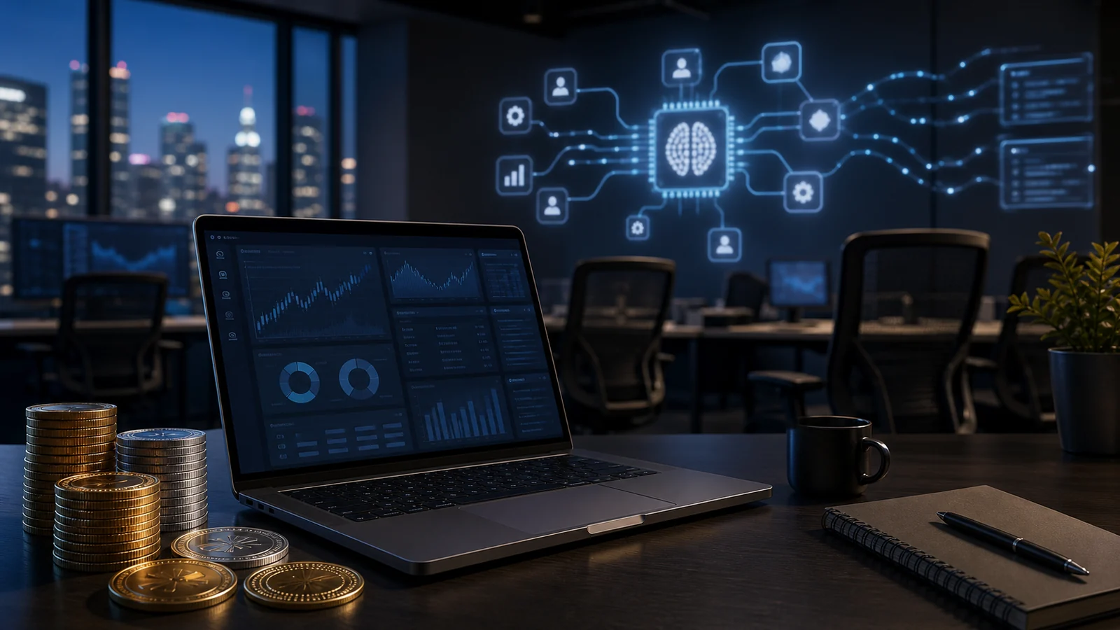 Coinbase yeniden yapılanmasını temsil eden dizüstü bilgisayar görseli