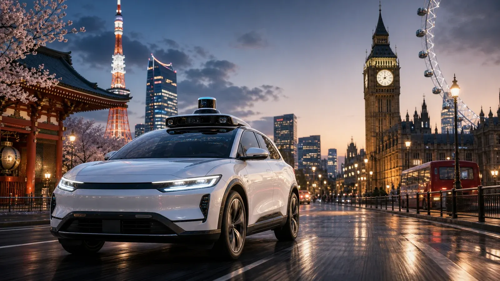 Robotaxi autónomo de Waymo circulando por una ciudad con sensores visibles en el techo