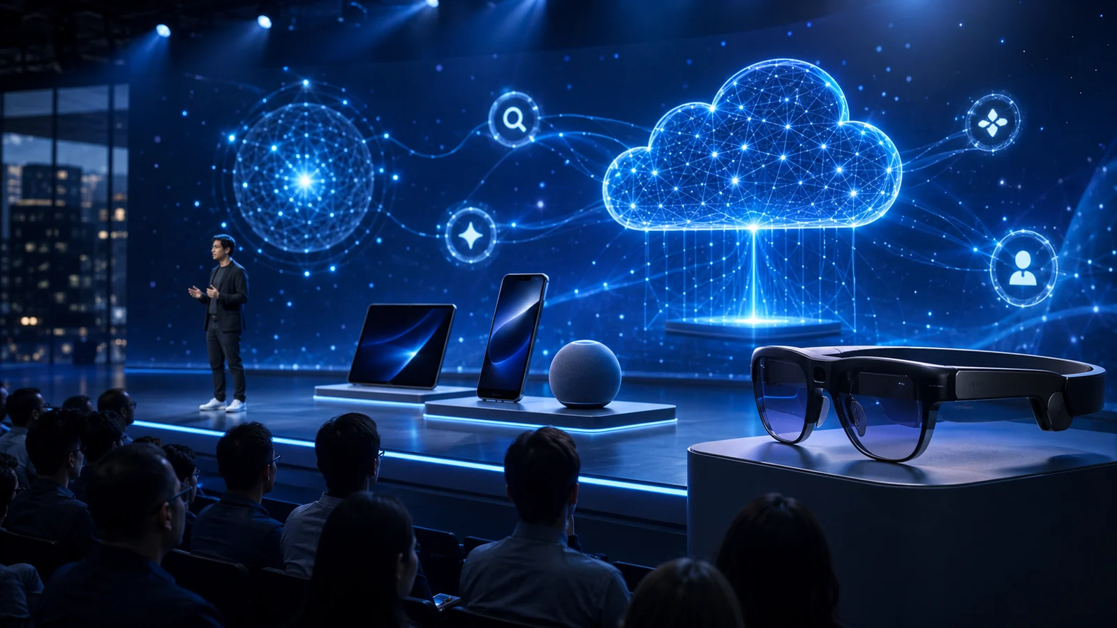 Google I/O keynote screen showing Gemini, Spark agent and Android XR smart glasses
