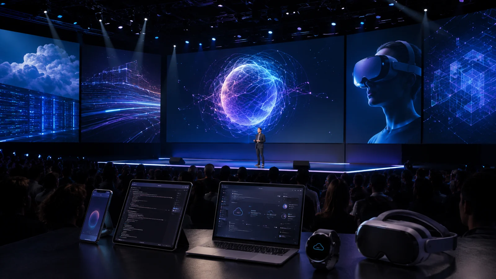 Google I/O 2026 sahnesinde Gemini, Project Astra ve Android XR duyurularını temsil eden konferans görseli