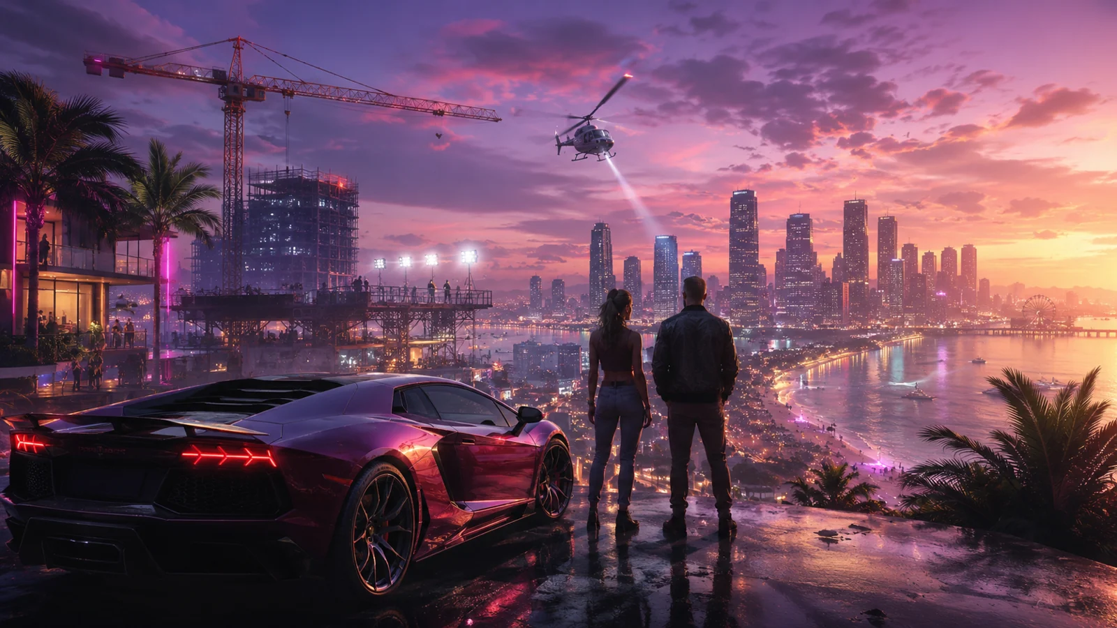 Concept art of a coastal city with luxury cars and a VI logo