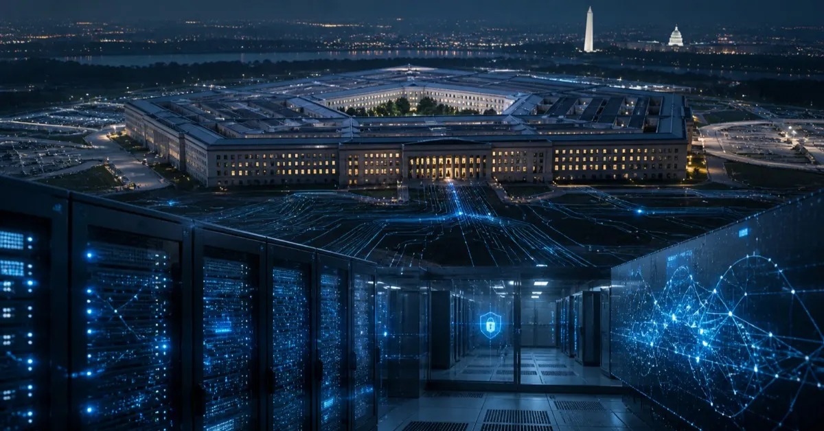 A Pentagon-like defense building connected to a secure data center by glowing digital network lines, illustrating classified military AI infrastructure.