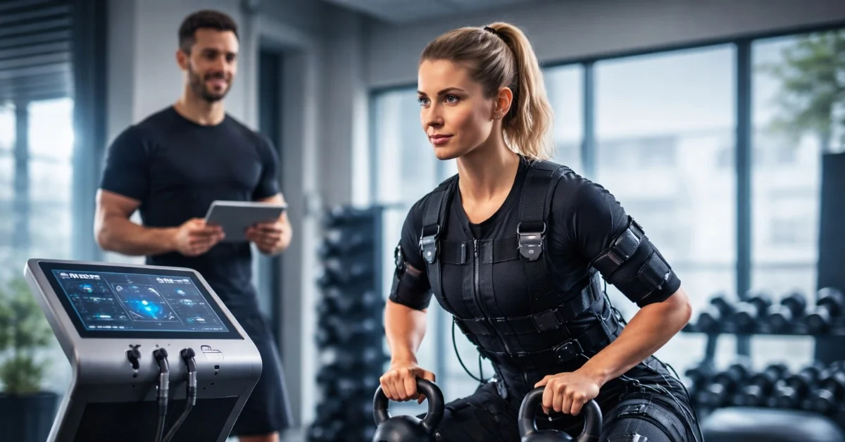 Entrenamiento con traje de electroestimulación muscular WB-EMS en sesión de fitness supervisada