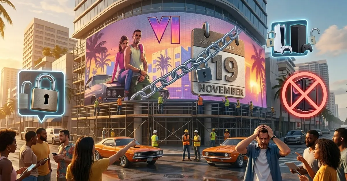 Imagen promocional de GTA 6 con fecha de lanzamiento para consolas y ambiente urbano nocturno