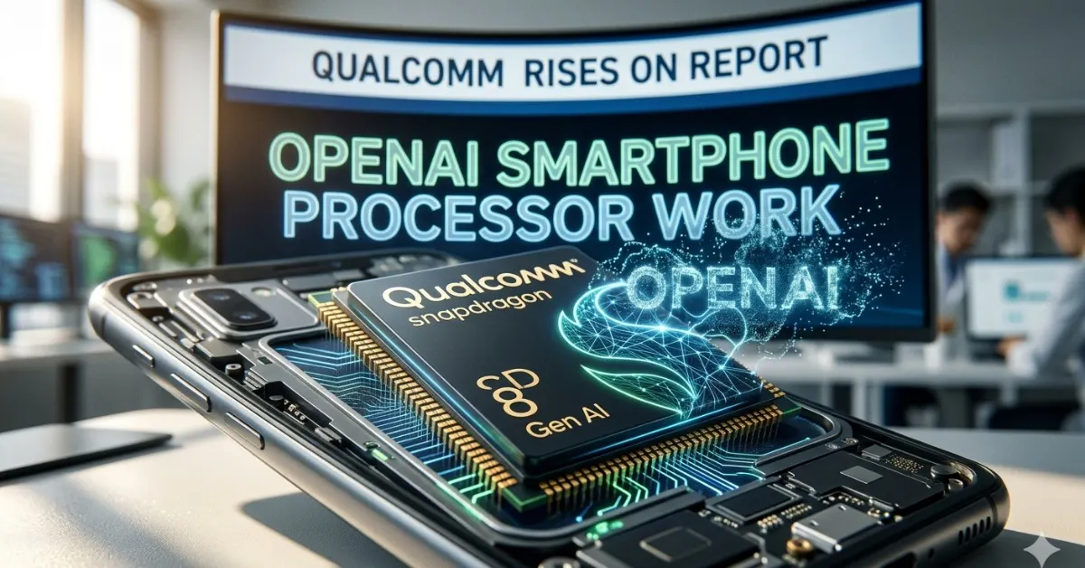 Qualcomm AI processor inside a phone alongside an stock increase report.