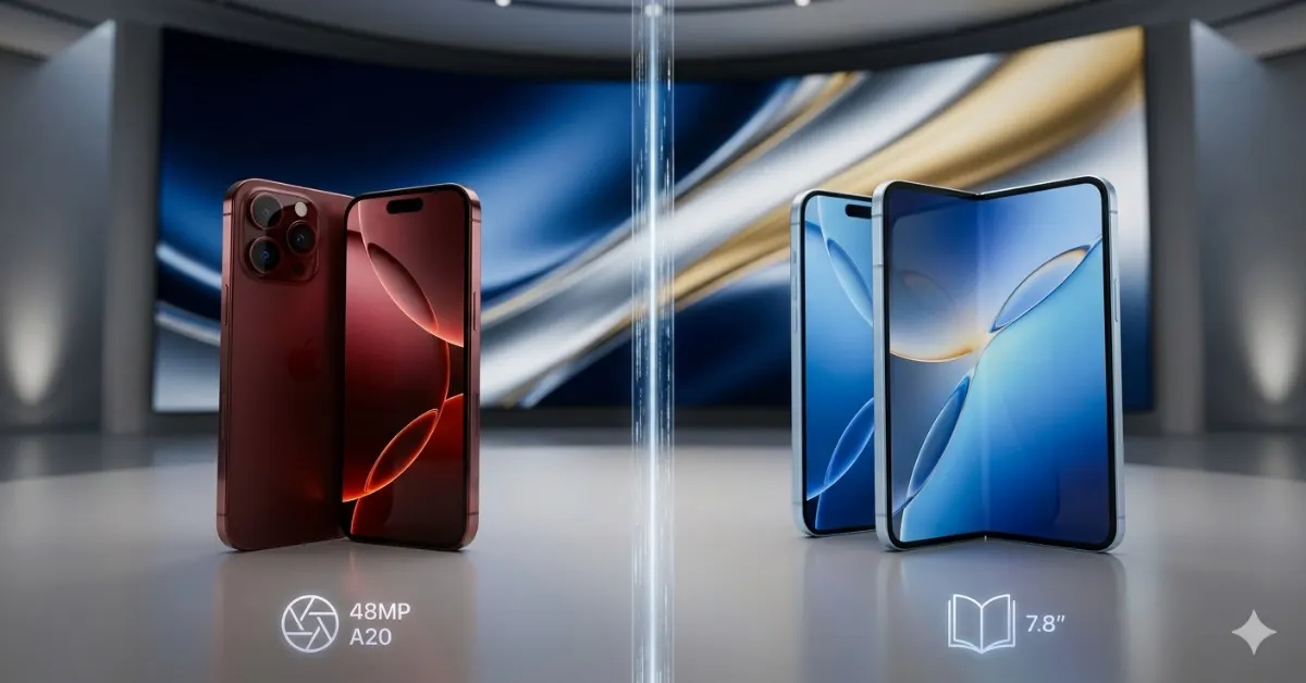 Rendu comparatif de l'iPhone 18 Pro en titane rouge et du nouvel iPhone Fold pliable sur une scène de keynote Apple, illustrant les rumeurs technologiques.