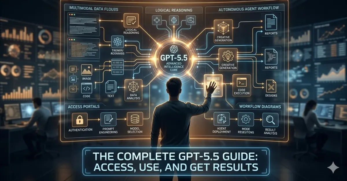 Comprehensive visual guide to GPT-5.5 features including multimodal data flows, logical reasoning, and autonomous agent workflows.