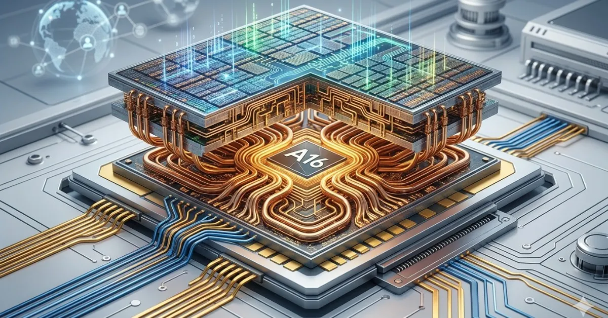 Conceptual rendering of TSMC's A16 processor architecture highlighting complex interconnected silicon layers.