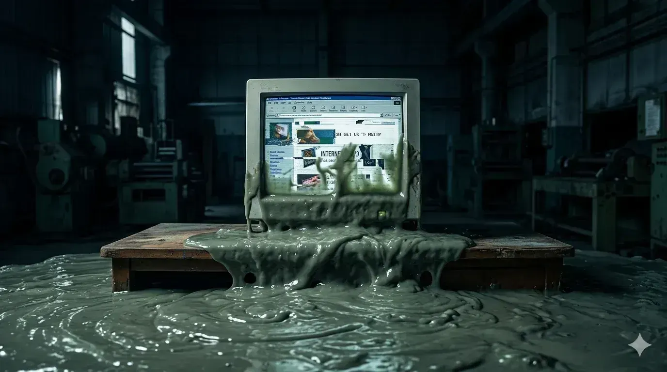A deep-focus, high-angle photograph of a central, vintage beige CRT monitor, positioned on a worn wooden desk within a vast, dark, cold industrial warehouse with receding shadows and old machinery. The monitor's screen glows with an old 1990s-era webpage that features a few small portrait images and fractured, unreadable text lines. A rising tide of viscous, thick, grey-green sludge fills the entire foreground and is creeping up the side and front of the monitor, dripping over the keyboard area. The ooze has distorted fragments of warped images, broken pixels, and abstract AI-generated shapes faintly visible through its surface. Focused side lighting from the left casts harsh highlights on the slime's texture, creating a dark, horror-adjacent and unsettling atmosphere. No text, logos, or human figures are readable.