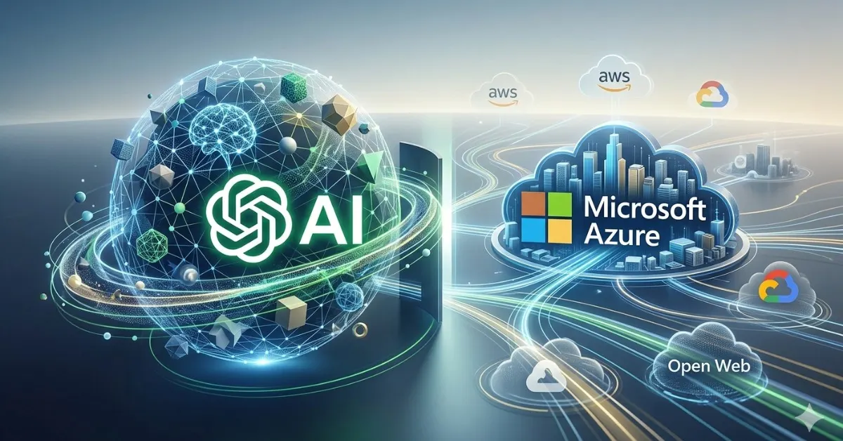 Concept art of OpenAI and Microsoft Azure partnership ending model exclusivity.