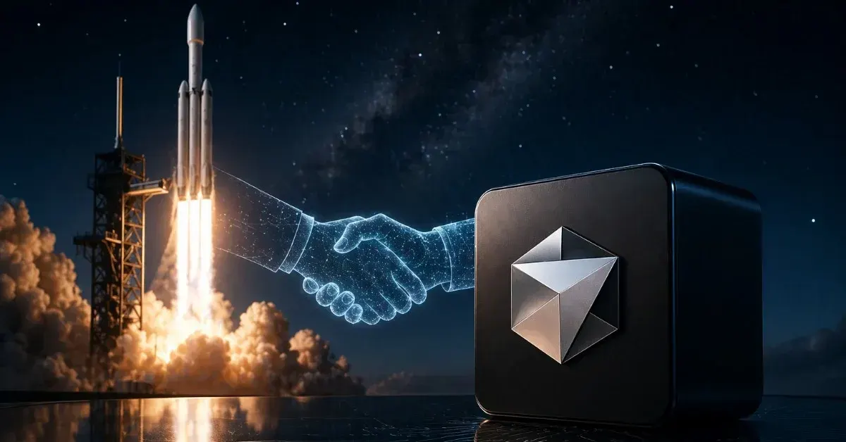 Fusée en décollage dans un environnement spatial avec une poignée de main holographique et un dispositif technologique, symbolisant un partenariat stratégique dans le secteur spatial et de l’intelligence artificielle.