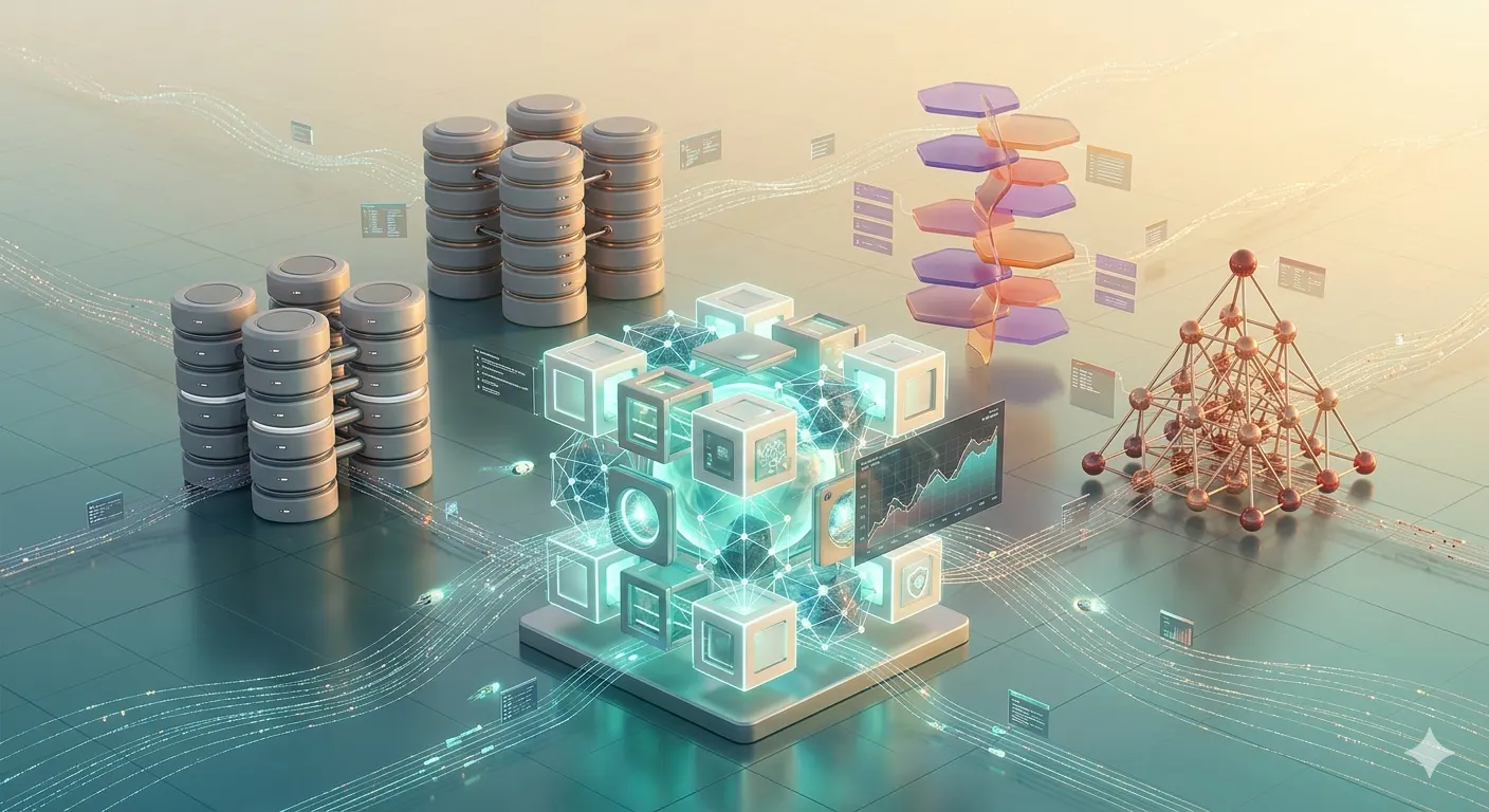 Concepto de red digital que compara diferentes arquitecturas de IA y estructuras de datos complejas.