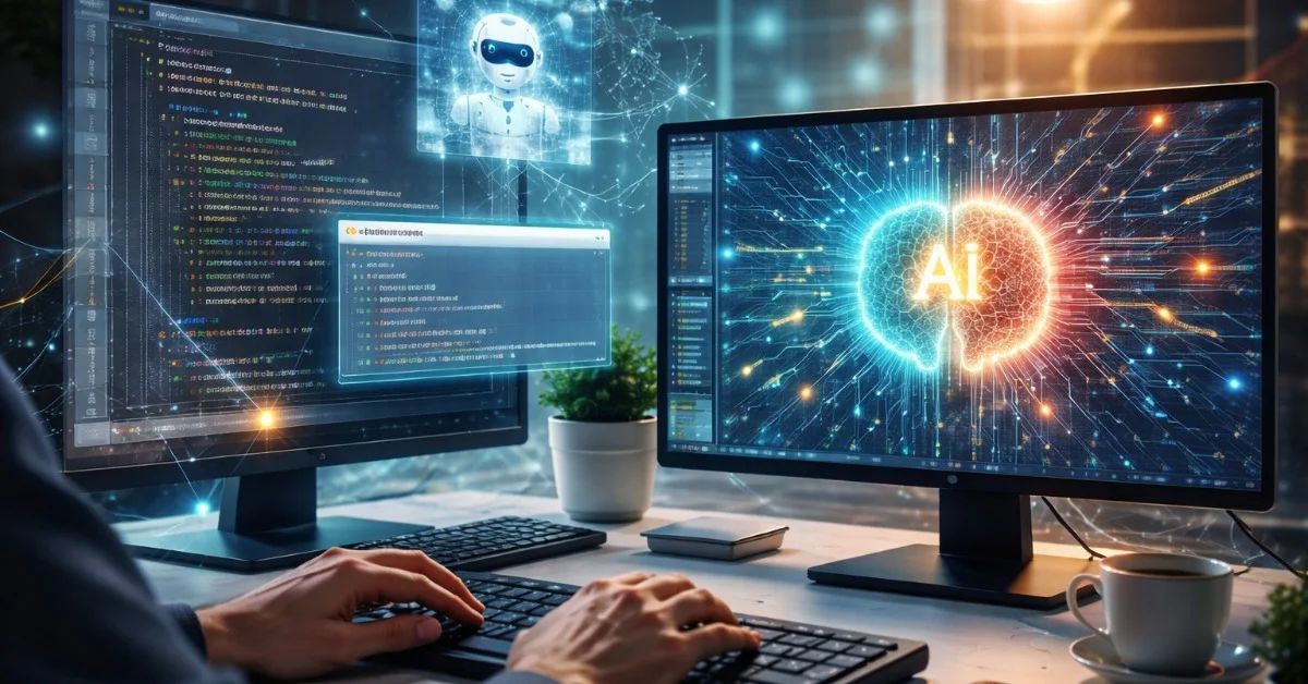 KI-gestützte Entwicklungsumgebung mit Code auf dem Bildschirm und automatischer Code-Generierung im Einsatz