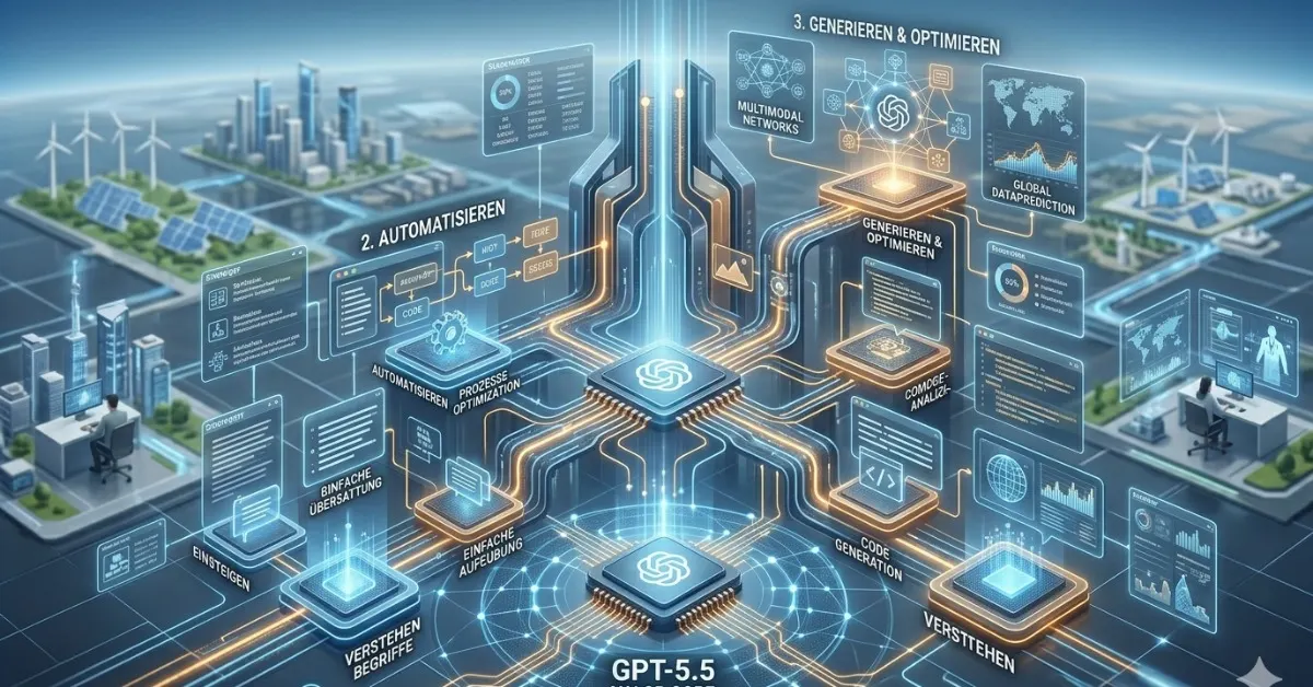 Konzeptionelle Infografik zum GPT-5.5 Mehrwert-Ökosystem: Gestufte Darstellung der Anwendungsmöglichkeiten für Einsteiger (Verstehen, Begriffe) und Fortgeschrittene (Automatisieren, Optimieren) bis hin zu globalen multimodalen Netzwerken.