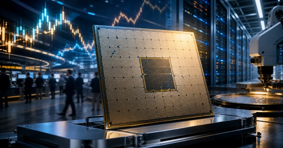 Großer KI-Chip vor Serverracks und abstrakten Börsengrafiken als Symbol für den geplanten Börsengang von Cerebras Systems.