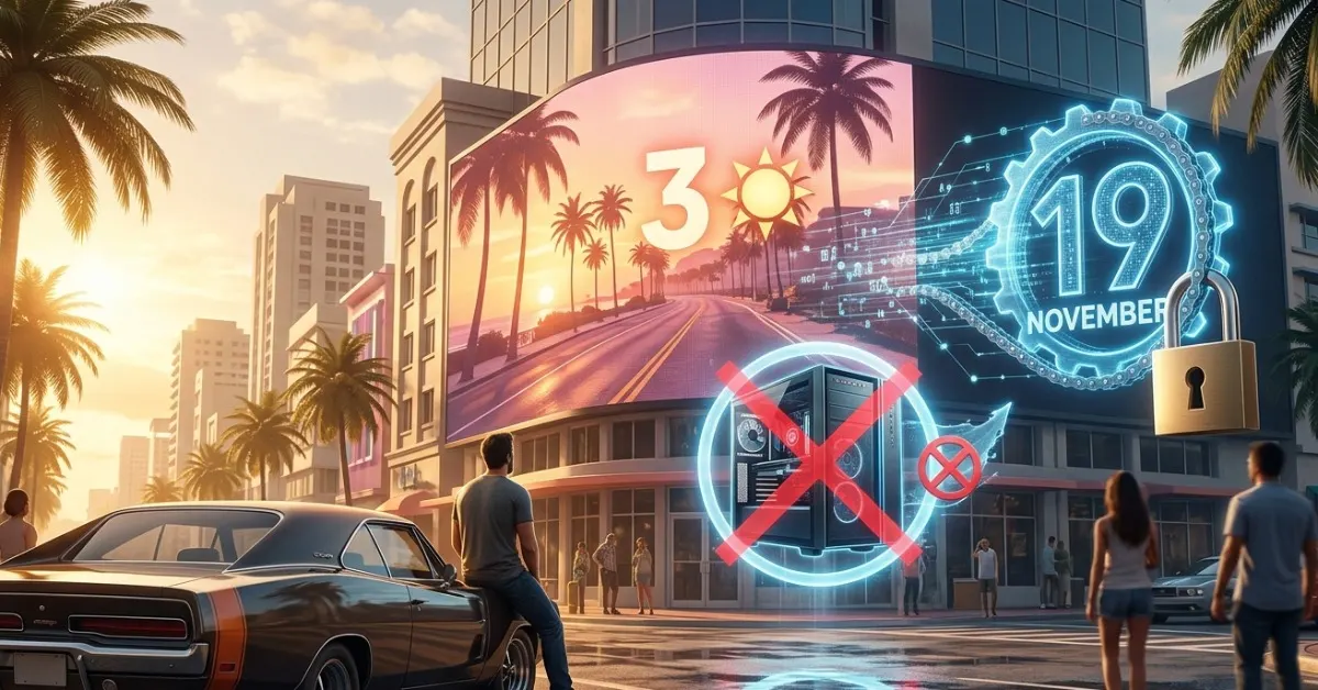 GTA 6 release date graphic showing the console launch window and Rockstar-style city lighting