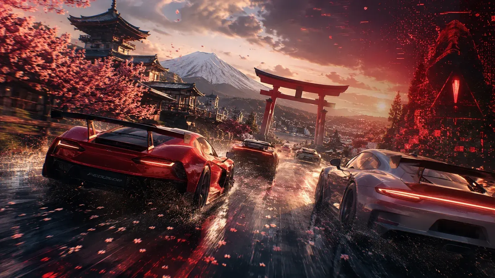 Forza Horizon 6 racing scene in Japan with a 9999 ban warning overlay