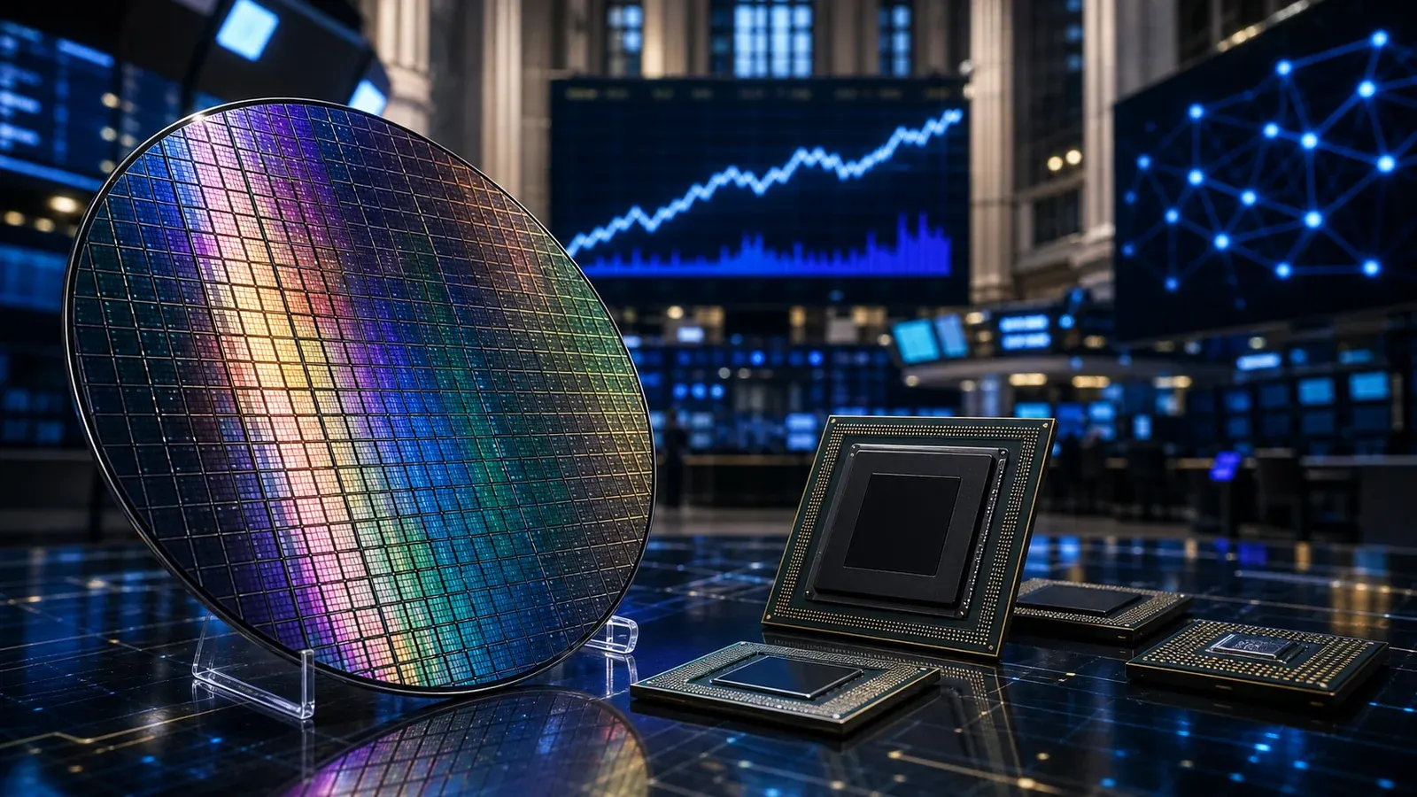 Cerebras Systems NASDAQ IPO celebration with AI chip wafer and stock market displays.