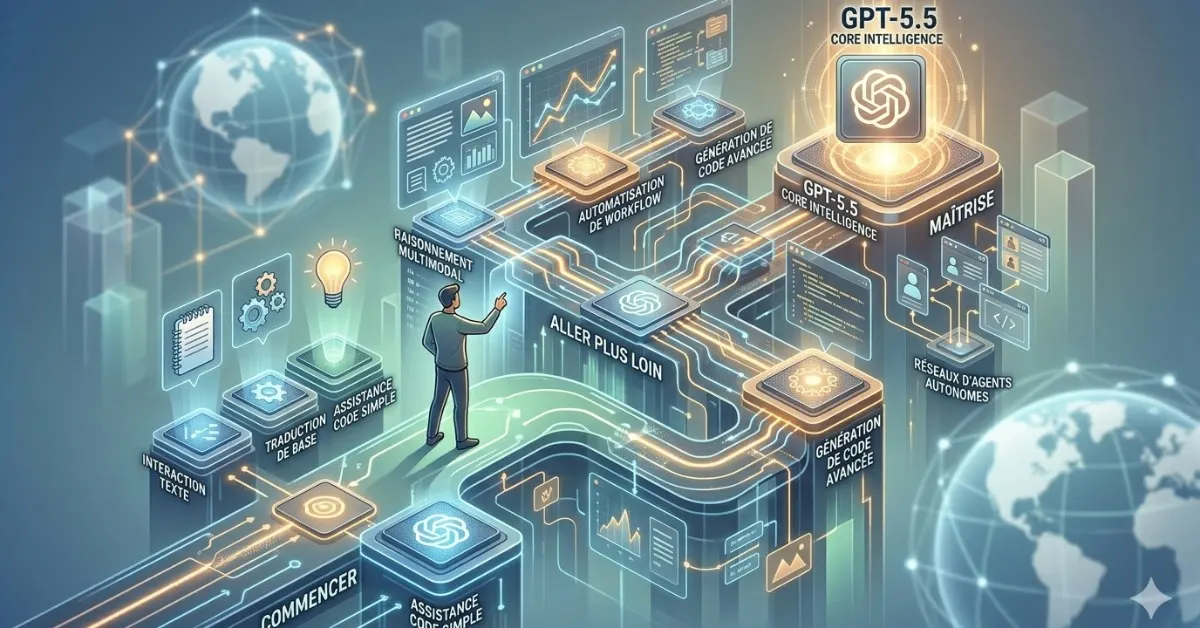 Infographie du parcours utilisateur GPT-5.5 : de l'initiation ('Commencer') à la maîtrise ('Aller plus loin') des outils IA.
