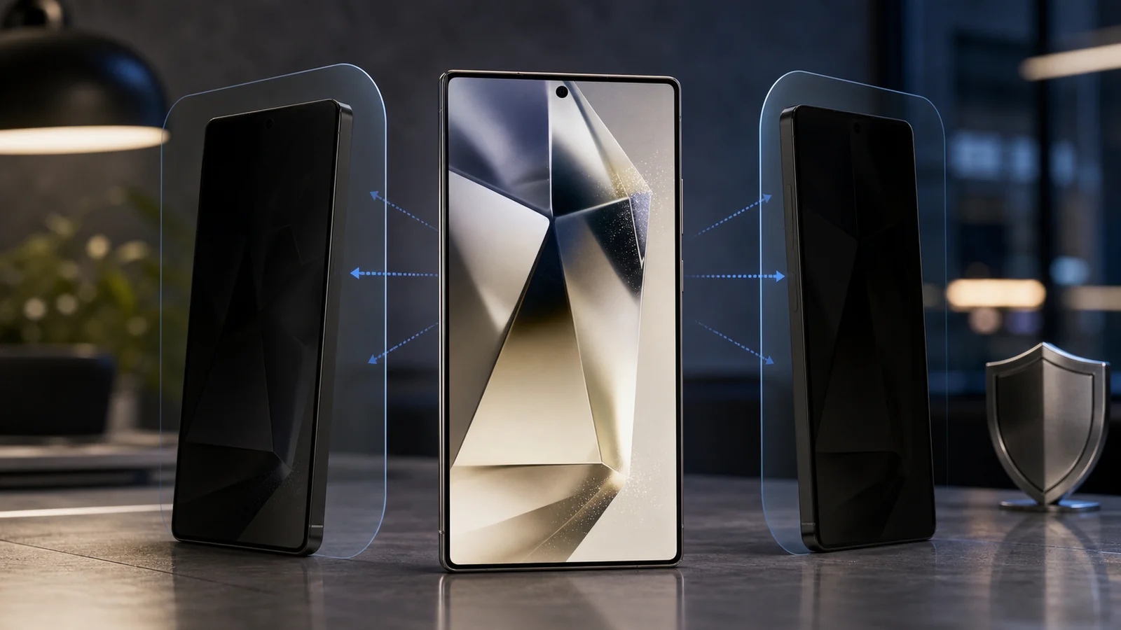 Smartphone Galaxy avec écran de confidentialité en gros plan