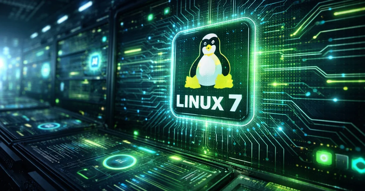Linux 7 kernel interface with performance metrics and hardware optimization visualization