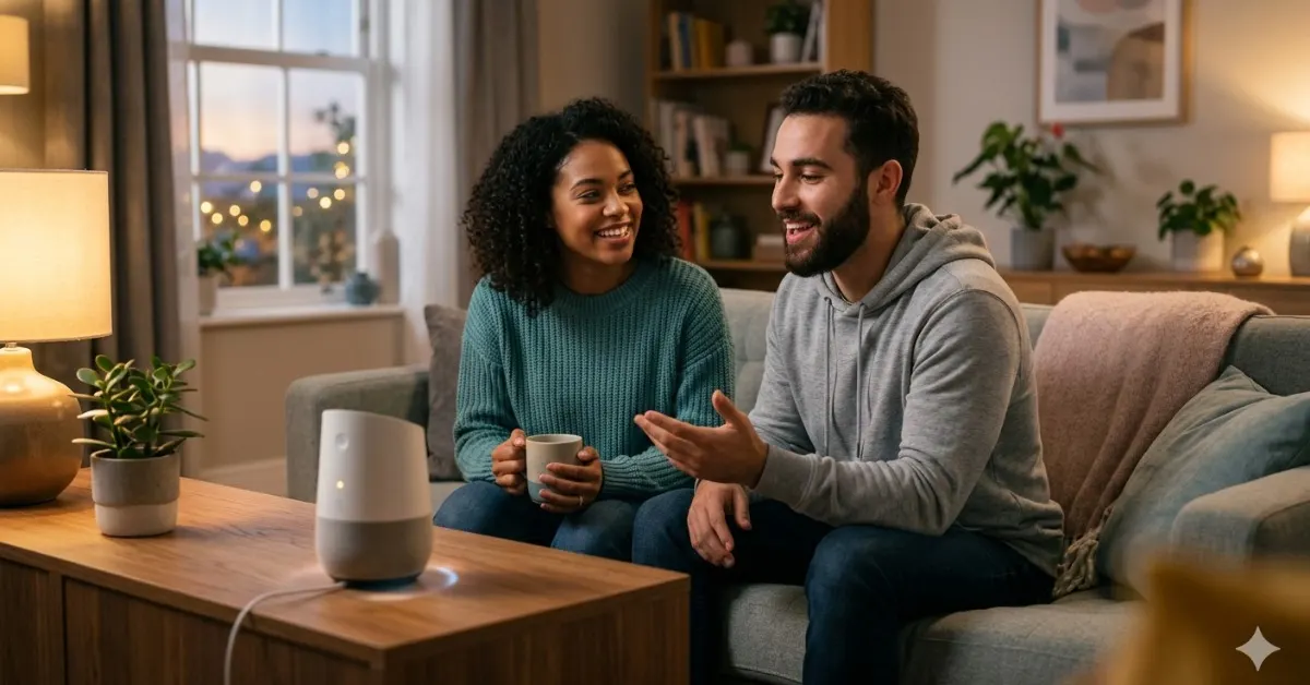 Un couple souriant discutant naturellement avec une enceinte connectée Google Home dans un salon chaleureux, illustrant la fonctionnalité de conversation continue de Gemini.