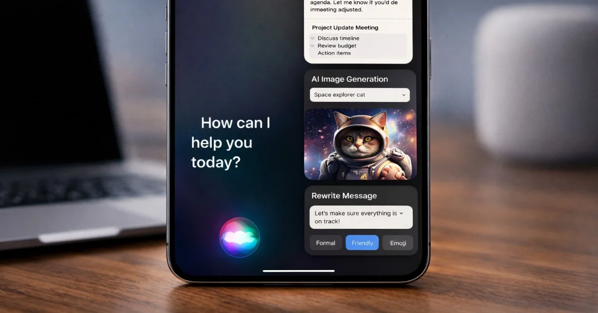Apple Intelligence features shown on iPhone with iOS 18 interface