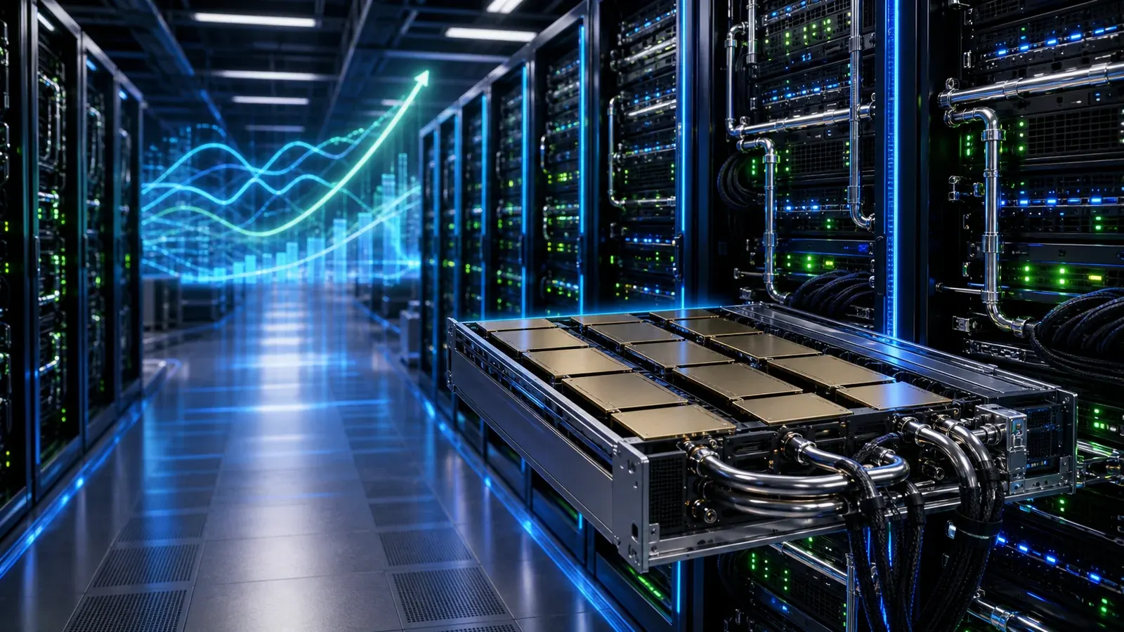 NVIDIA-KI-Chip mit Rechenzentrumsdiagramm zu Quartalszahlen und Umsatzwachstum
