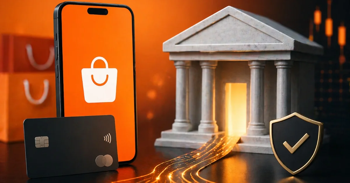 Akıllı telefon, kredi kartı ve banka binası sembollerinin yer aldığı sahnede e-ticaret ile bankacılığın birleşimini temsil eden dijital finans görseli.