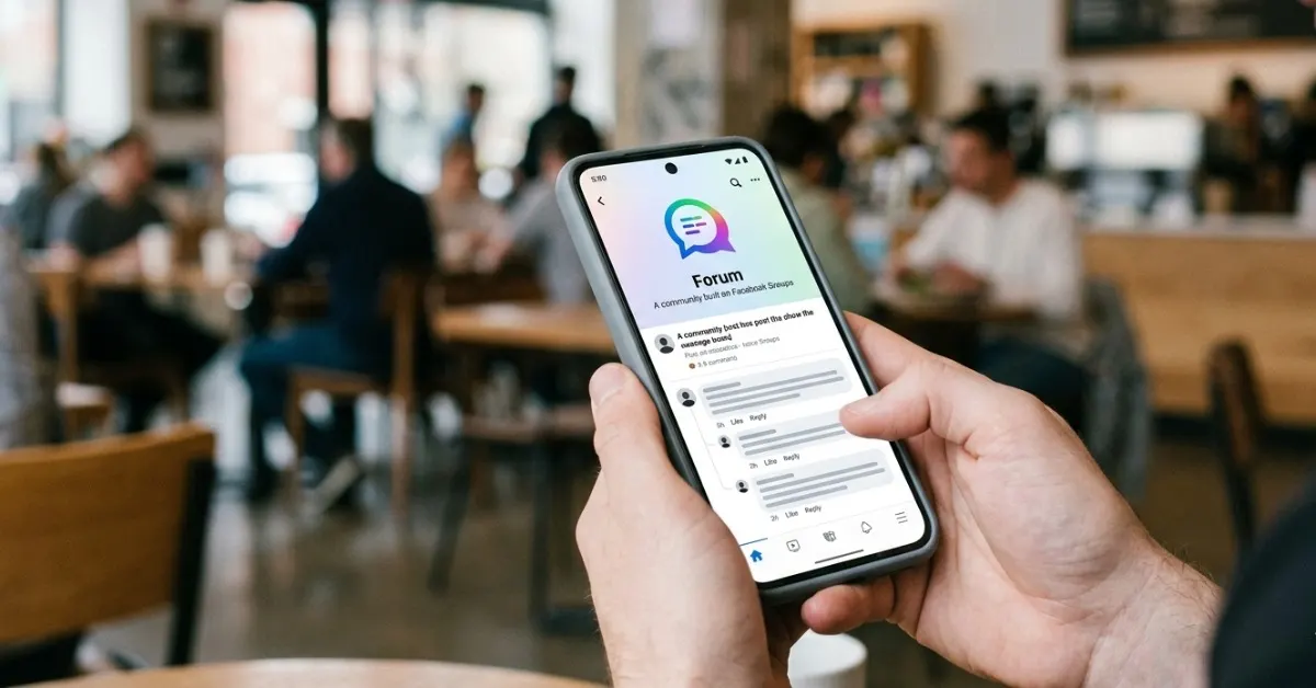 Meta Forum app concept showing Facebook Groups discussions and an AI Ask feature