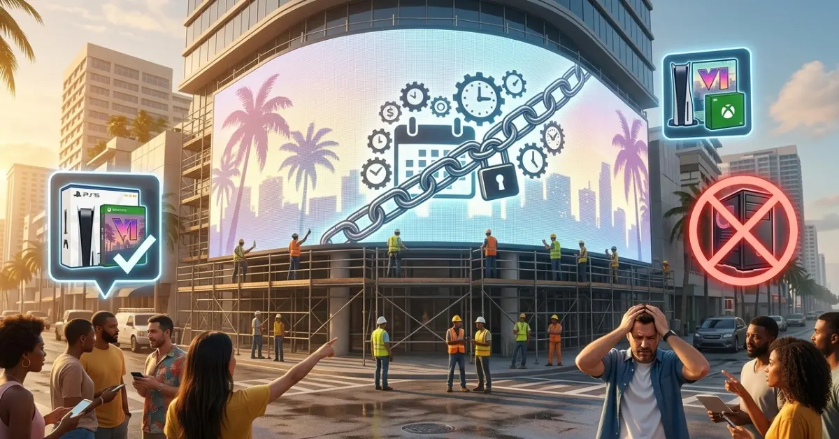 GTA-6-Grafik mit Release-Datum, Konsolenhinweis und nächtlicher Großstadtatmosphäre