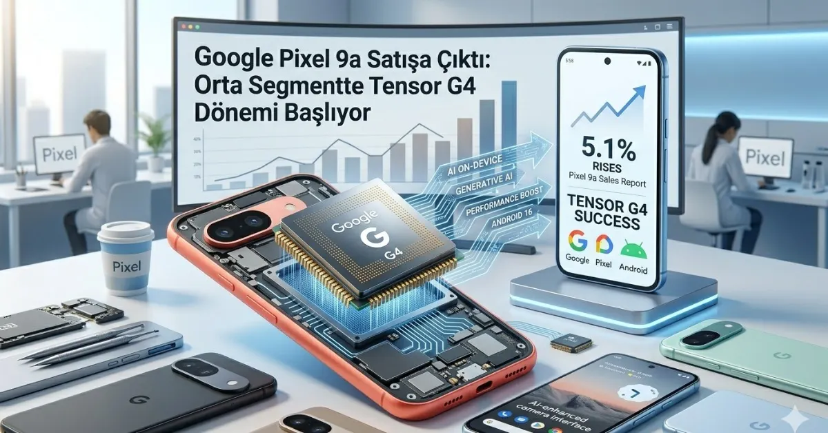 İçinde Tensor G4 işlemcisi görünen bir Google Pixel 9a ve satış başarılarını gösteren grafikler.
