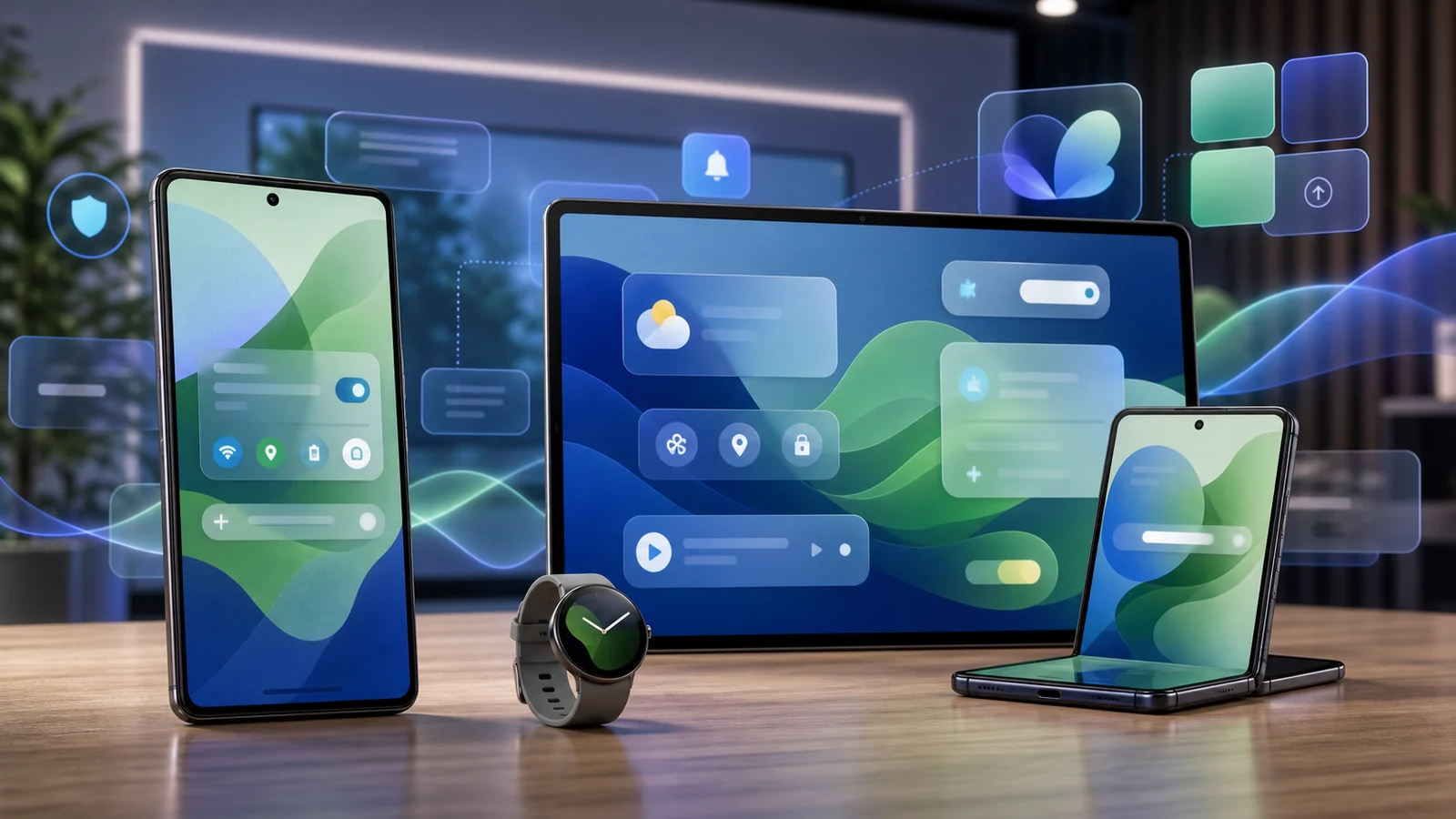 Android Show-Bühne mit Android-Logo und Gerätegrafiken