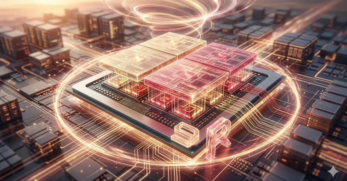 AMD Ryzen 9 9950X3D2 processor visualization with dual 3D V-Cache architecture.