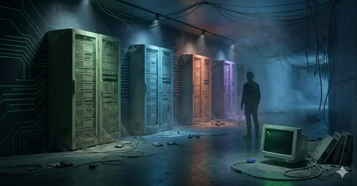 Abandoned server room at night with dust-covered racks glowing faintly in blue green and violet, a lone figure standing beside an old CRT monitor