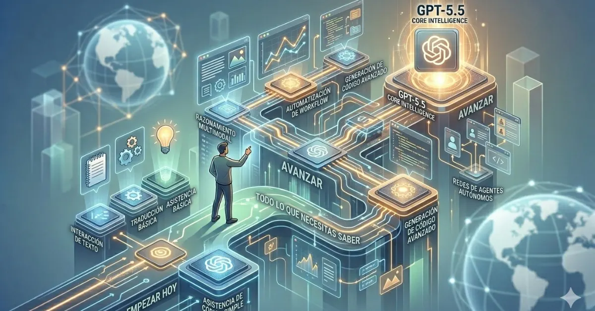 Visualización técnica de cómo empezar a usar GPT-5.5 y dominar sus herramientas de inteligencia artificial avanzadas.